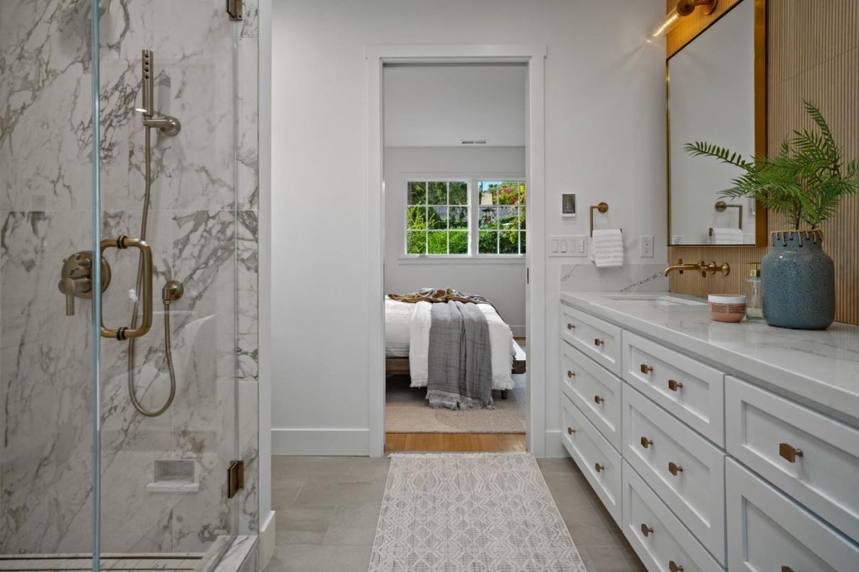 Bathroom, Glass Shower, Interior, Marble Walls, Wood Texture Flooring