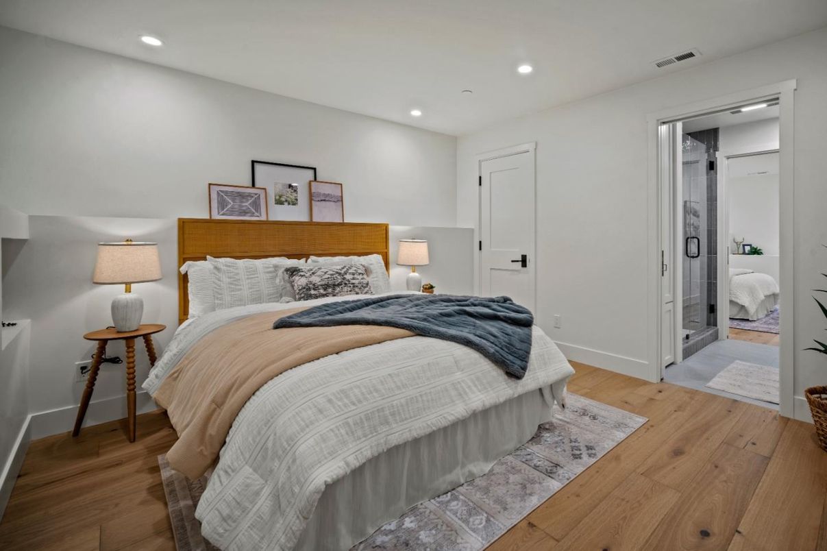 Bedroom, Interior, Recessed Lighting, Wood Texture Flooring