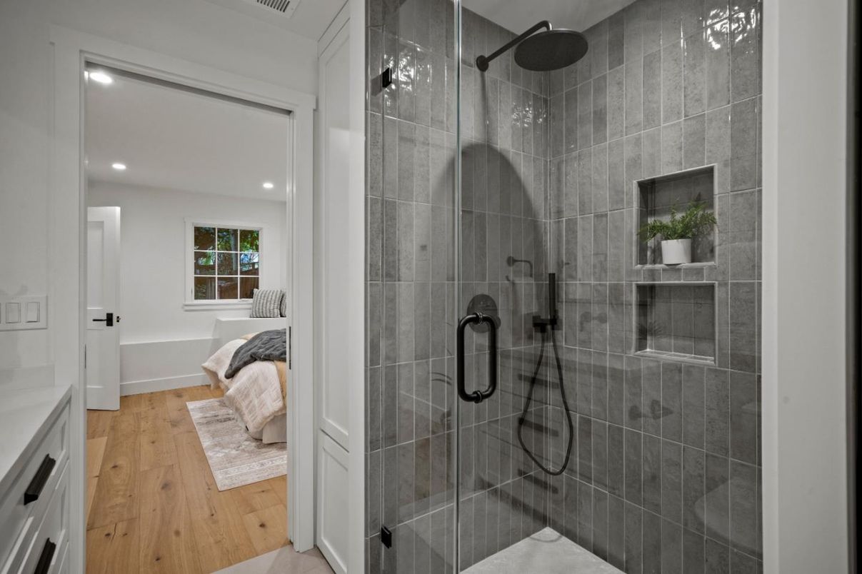 Bathroom, Glass Shower, Interior, Recessed Lighting, Wood Texture Flooring