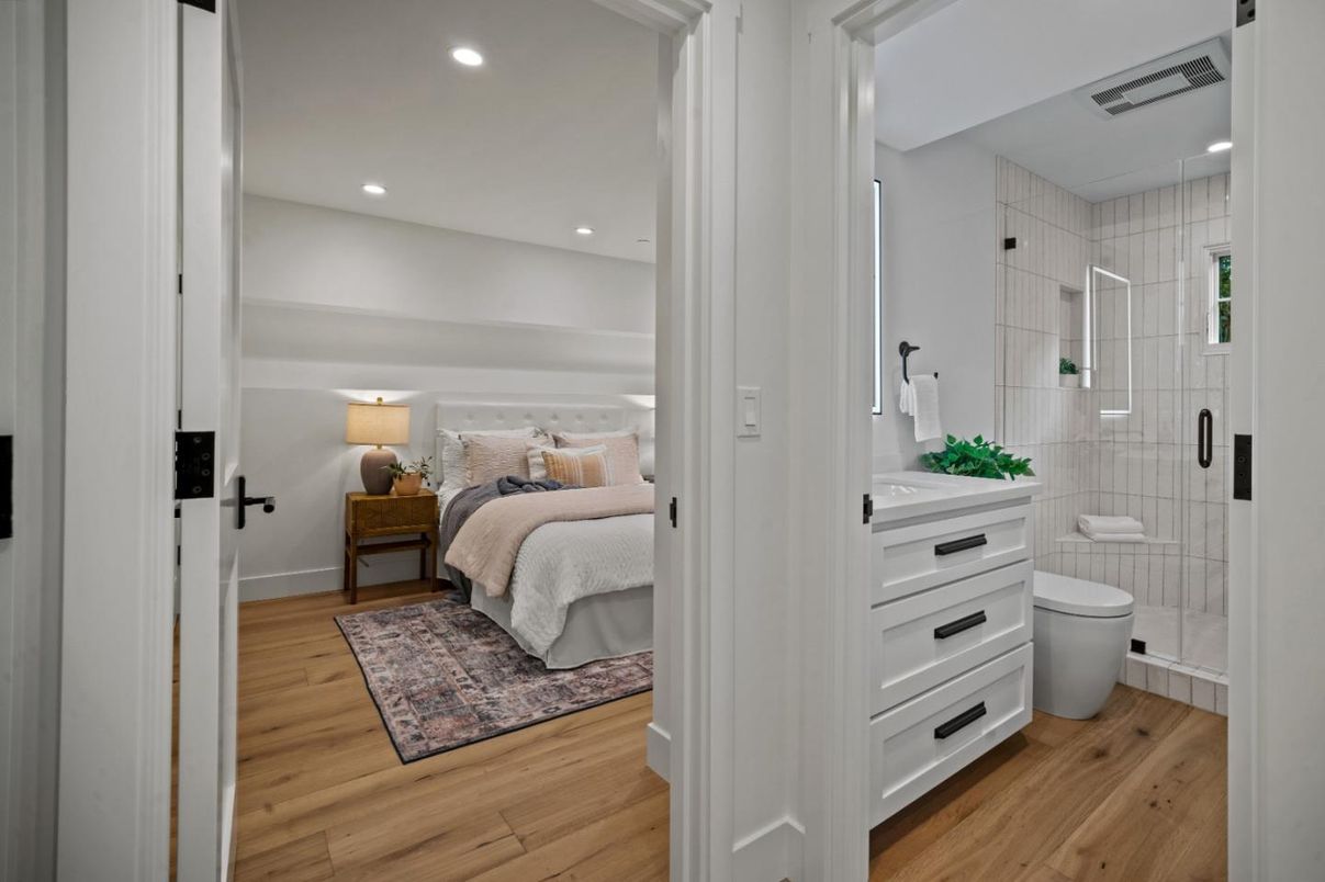 Bathroom, Bedroom, Glass Shower, Interior, Recessed Lighting, Wood Texture Flooring