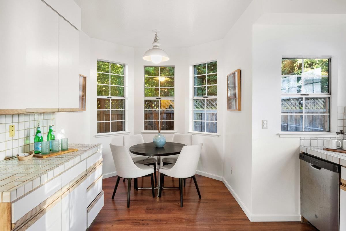 Dining room, Interior, Kitchen, Tile Countertops, Wood Texture Flooring