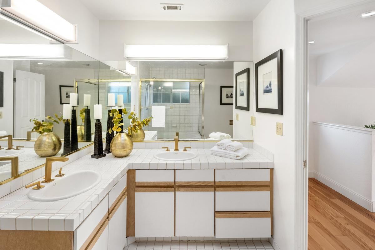 Bathroom, Dual Sink Vanities, Interior, Recessed Lighting, Tile Countertops, Wood Texture Flooring