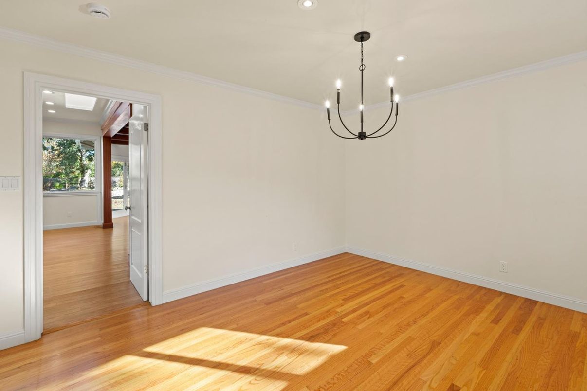 Chandelier, Empty room, Interior, Recessed Lighting, Wood Texture Flooring