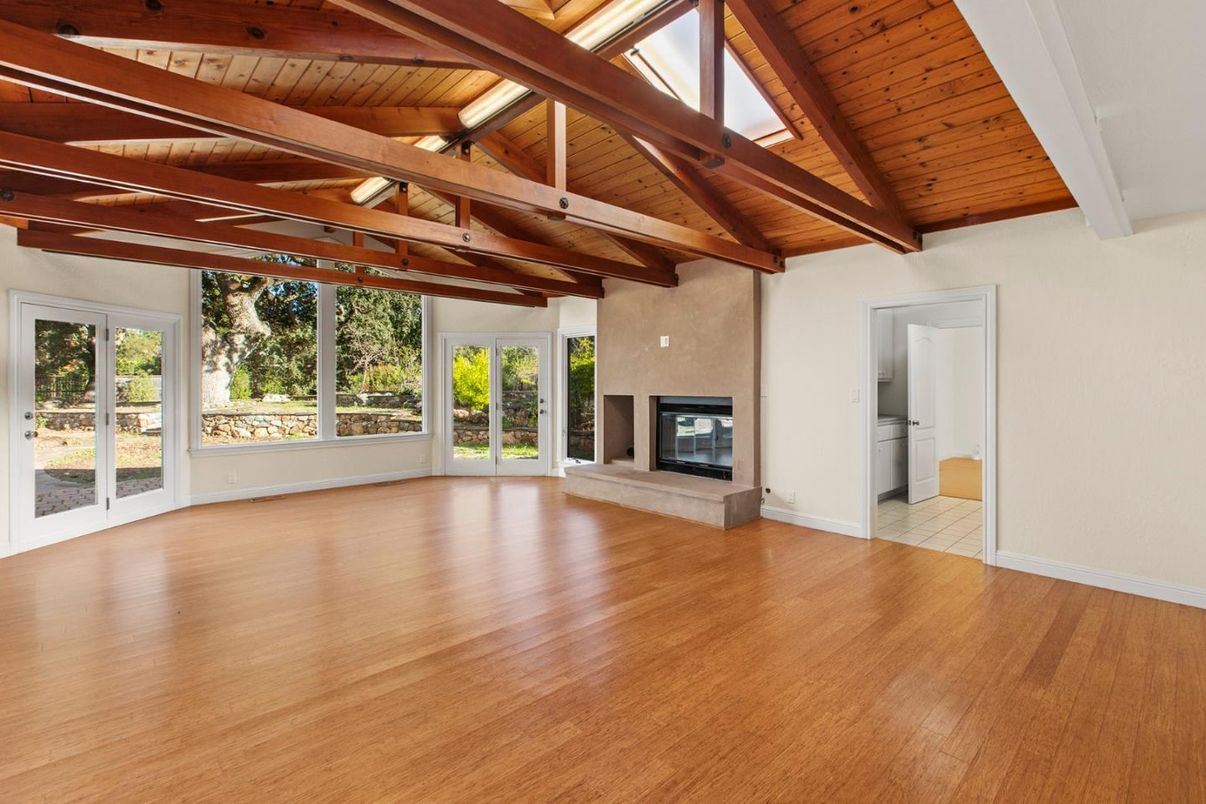 Empty room, Fireplace, Interior, Wooden Beams, Wooden Ceilings, Wood Texture Flooring