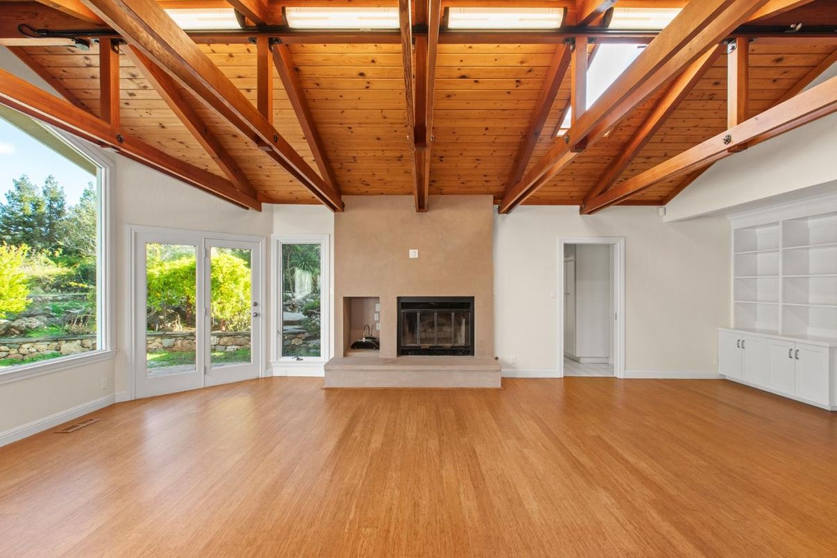 Empty room, Fireplace, Interior, Wooden Beams, Wooden Ceilings, Wood Texture Flooring