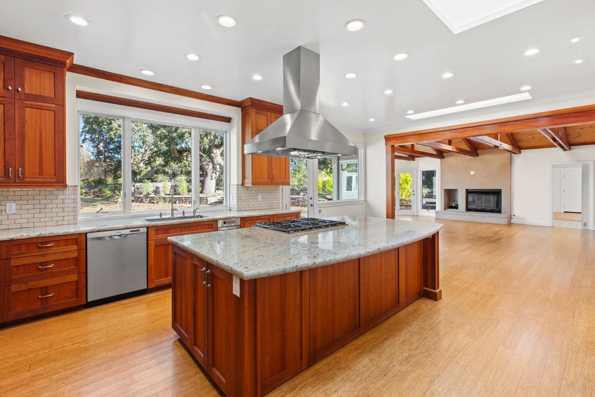 Fireplace, Interior, Kitchen, Recessed Lighting, Stainless Steel Appliances, Wooden Beams, Wooden Ceilings, Wood Texture Flooring