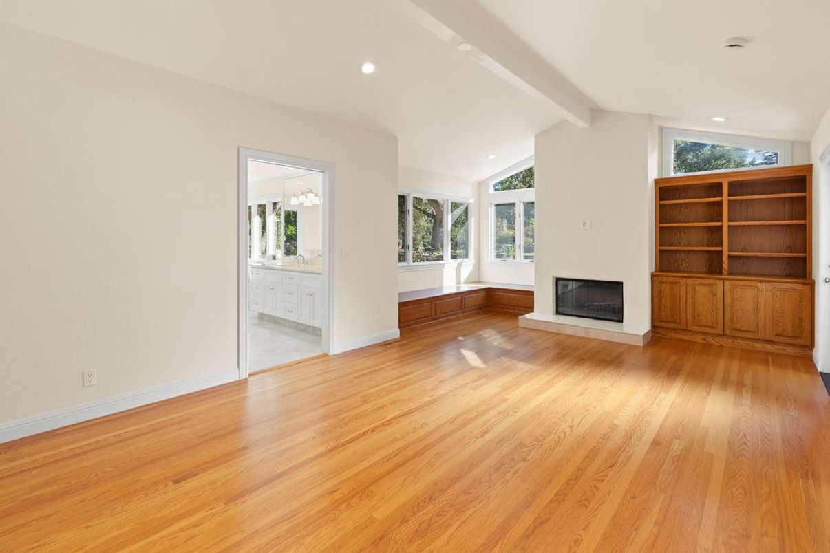 Empty room, Fireplace, Interior, Recessed Lighting, Wood Texture Flooring
