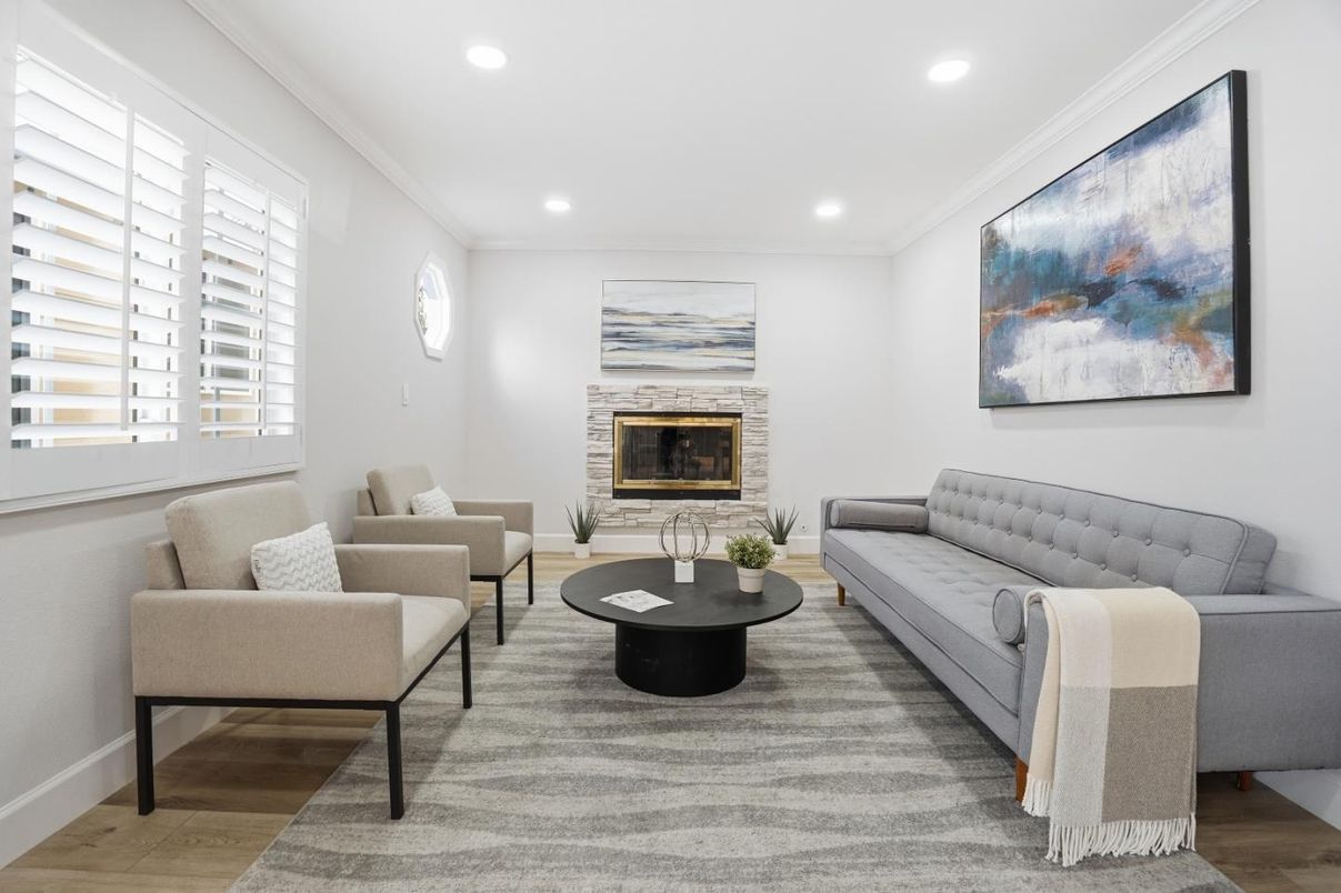 Fireplace, Interior, Living room, Recessed Lighting, Wood Texture Flooring