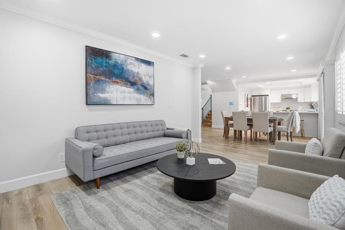 Dining room, Interior, Kitchen, Living room, Recessed Lighting, Stainless Steel Appliances, Wood Texture Flooring