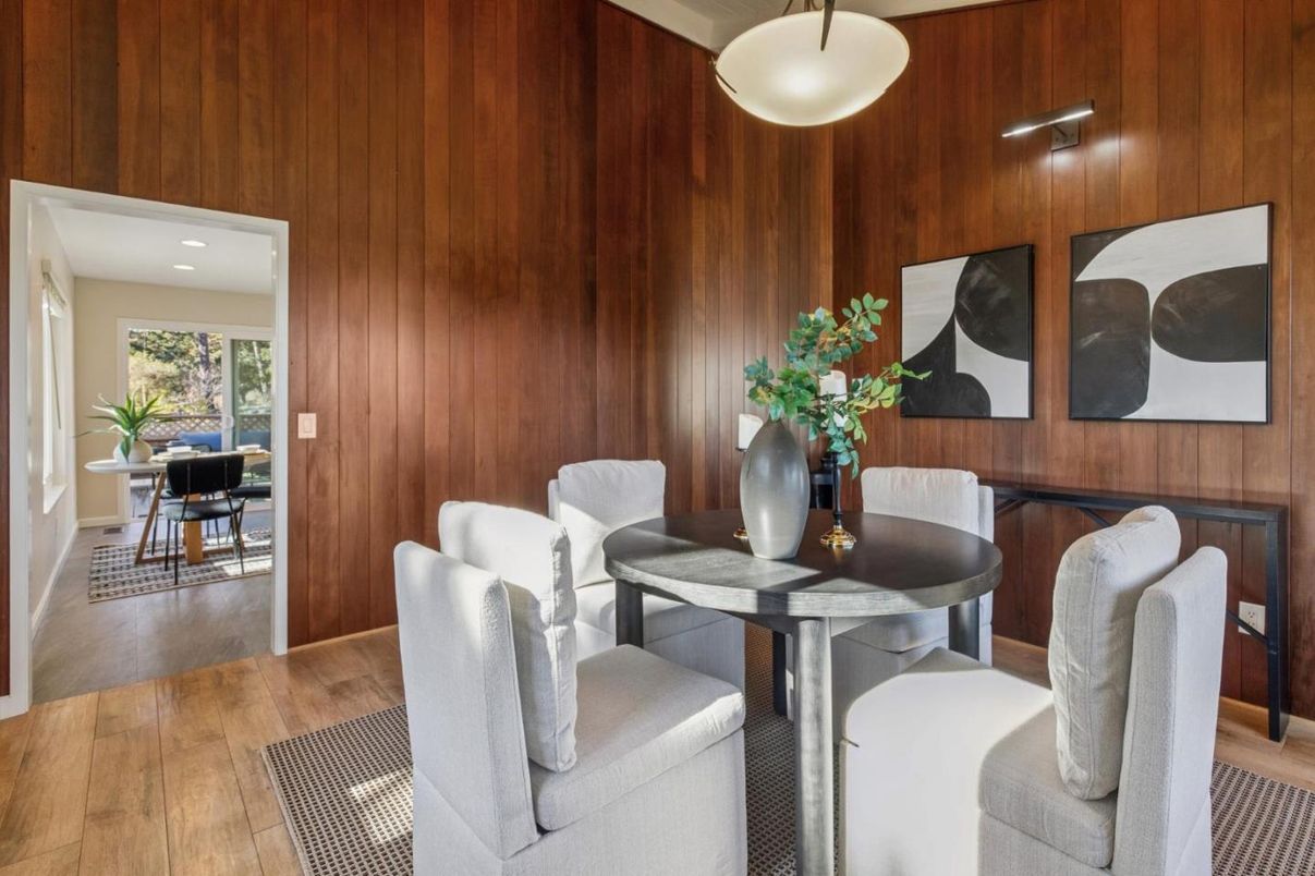 Dining room, Interior, Recessed Lighting, Wood Texture Flooring, Wooden Walls