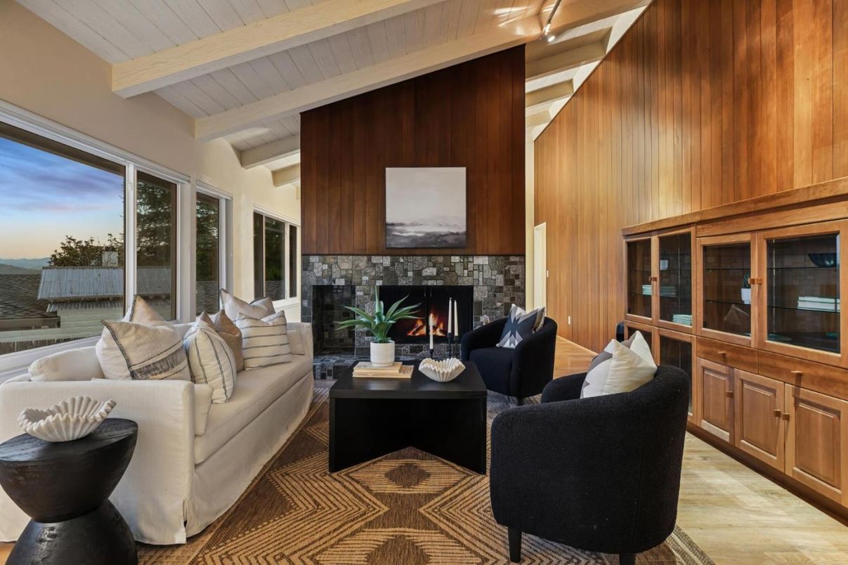 Fireplace, Interior, Living room, Water, Wood Texture Flooring, Wooden Walls