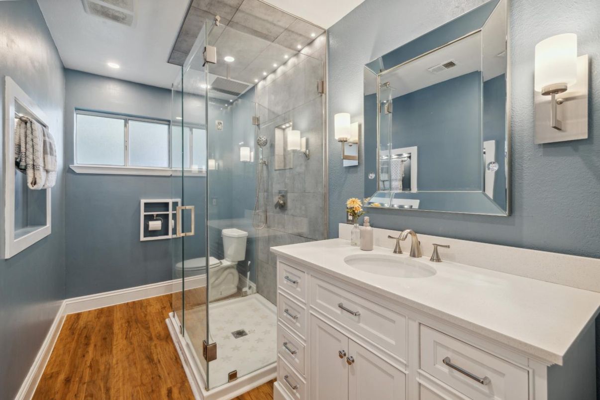 Bathroom, Glass Shower, Interior, Recessed Lighting, Wood Texture Flooring