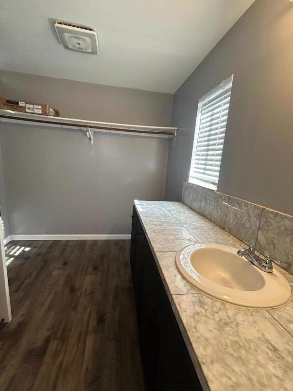 Bathroom, Interior, Tile Countertops, Wood Texture Flooring