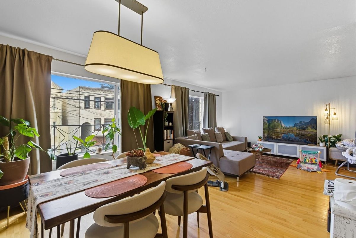 Dining room, Interior, Living room, Pendant Lights, Wood Texture Flooring