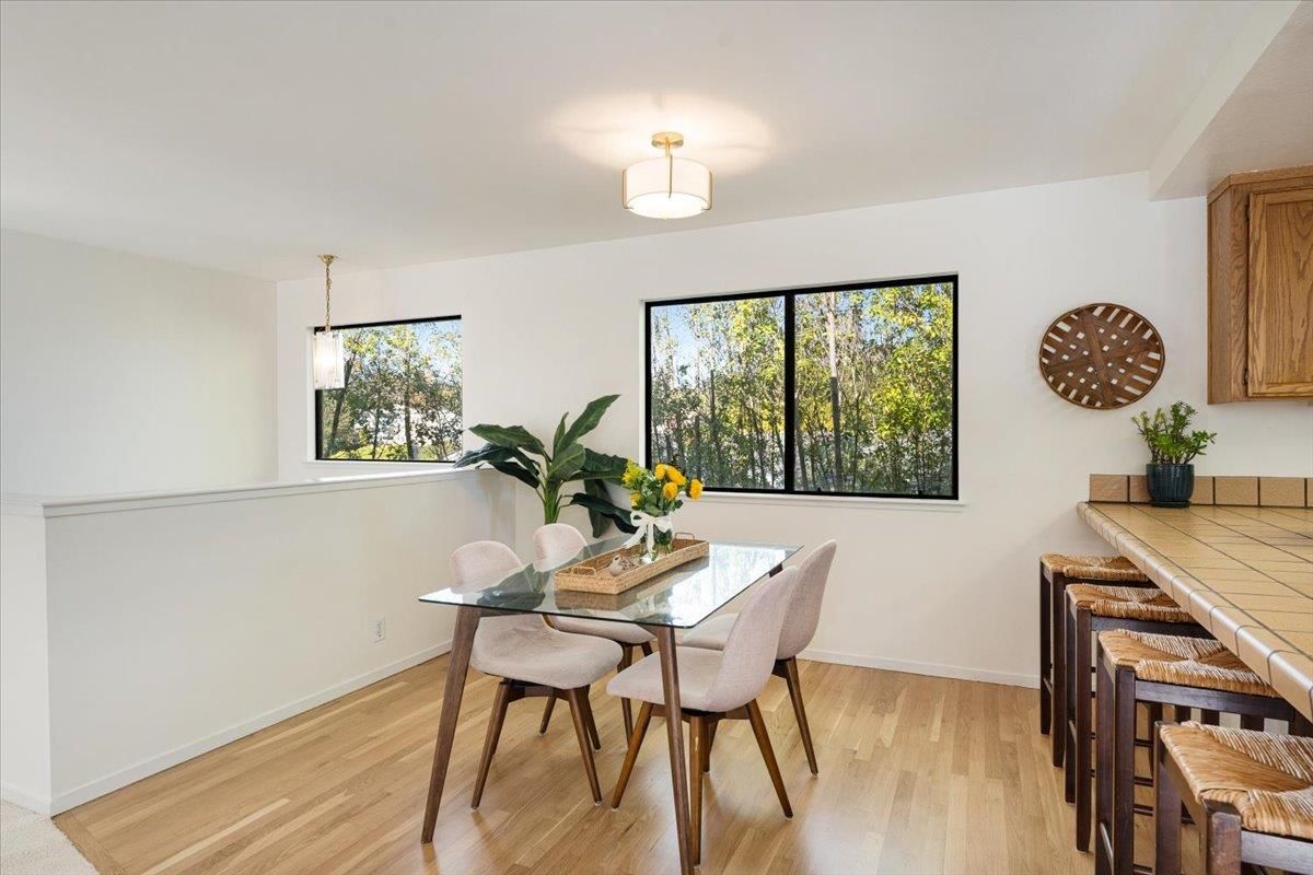 Dining room, Interior, Pendant Lights, Wood Texture Flooring