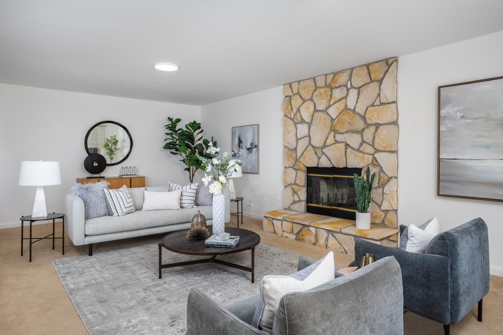 Fireplace, Interior, Living room, Recessed Lighting, Stone Walls