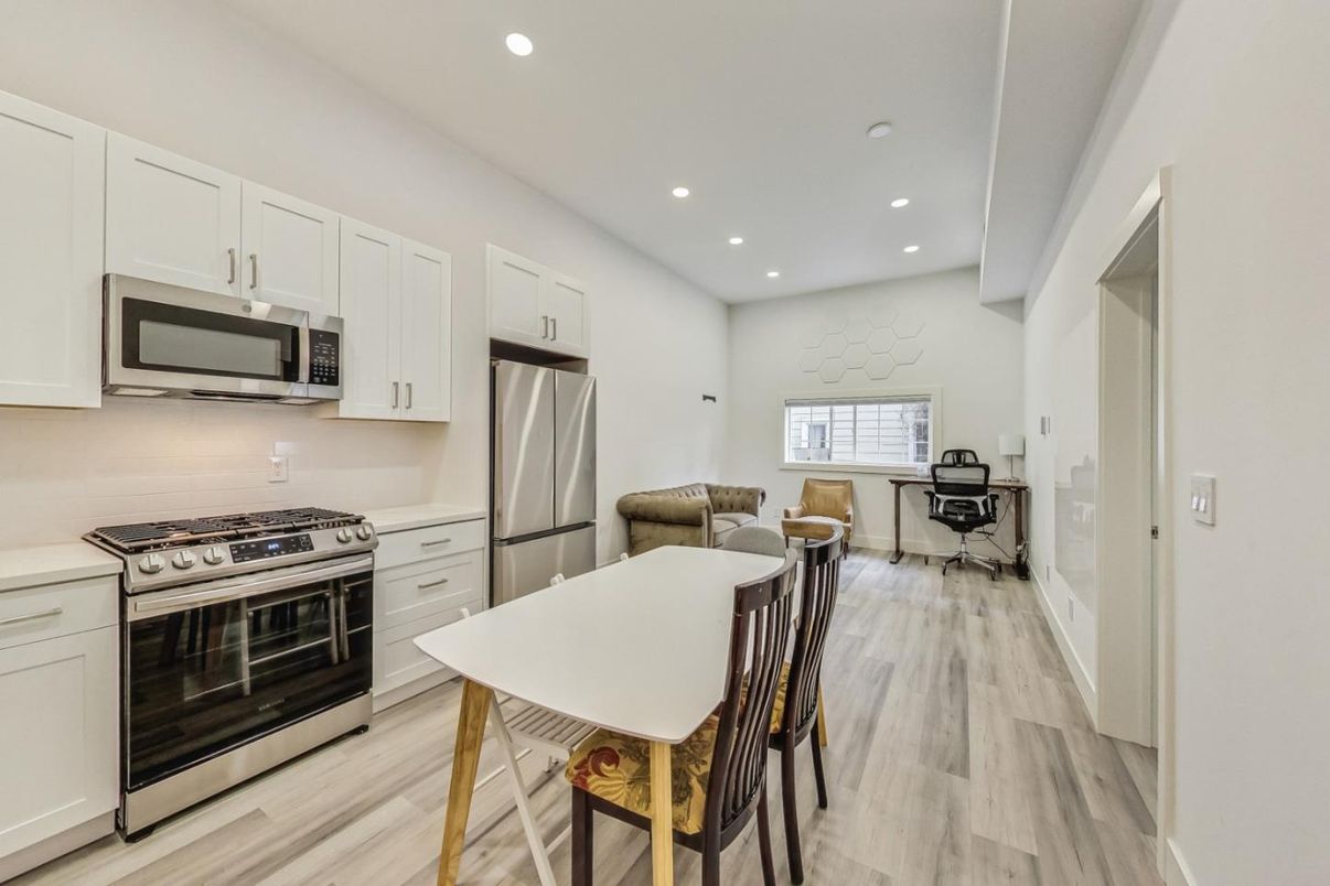 Dining room, Interior, Kitchen, Recessed Lighting, Stainless Steel Appliances, Wood Texture Flooring