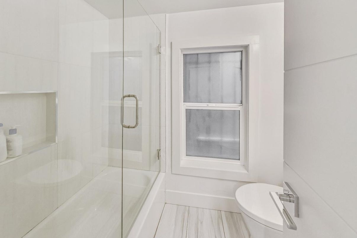 Bathroom, Glass Shower, Interior, Wood Texture Flooring