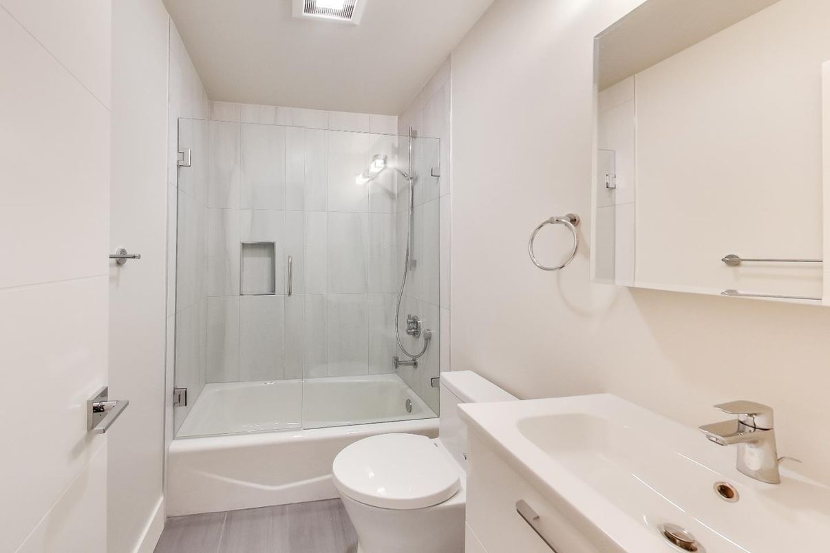 Bathroom, Glass Shower, Interior, Wood Texture Flooring