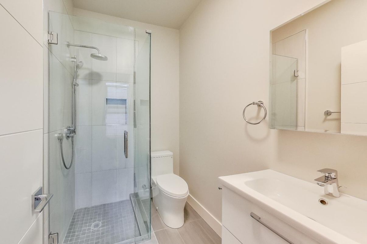 Bathroom, Glass Shower, Interior, Wood Texture Flooring