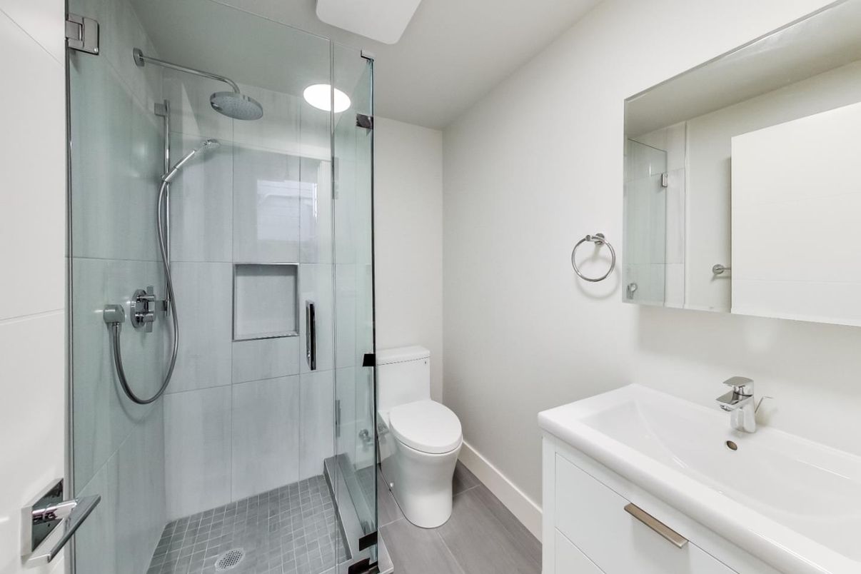 Bathroom, Glass Shower, Interior, Wood Texture Flooring