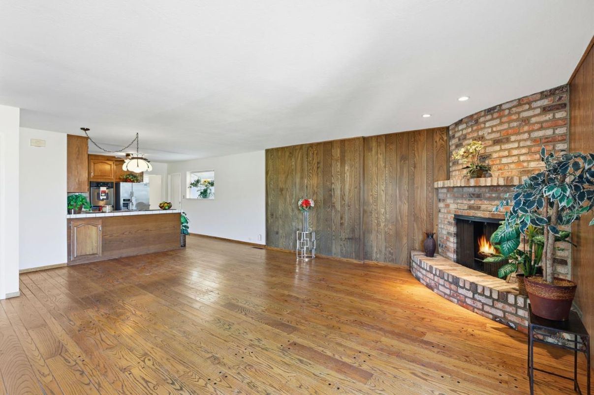 Fireplace, Interior, Pendant Lights, Recessed Lighting, Stone Walls, Wood Texture Flooring, Wooden Walls