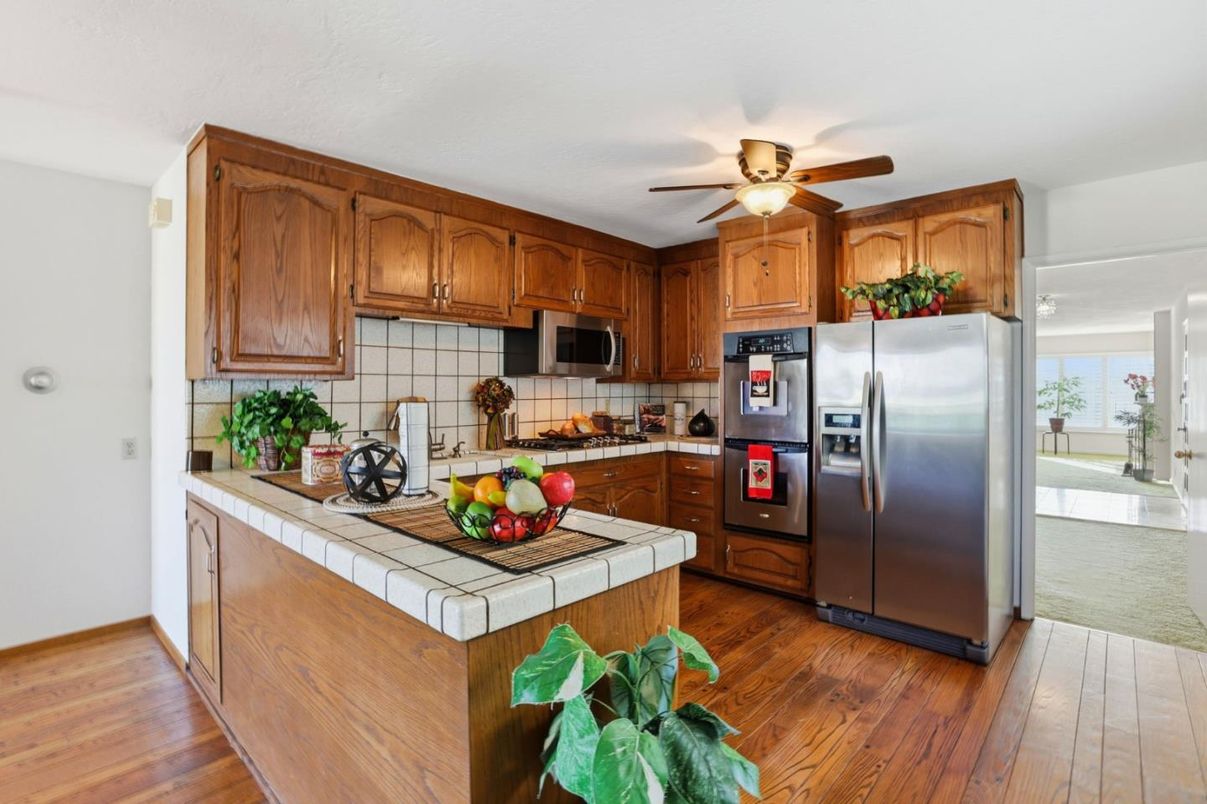 Interior, Kitchen, Tile Countertops, Wood Texture Flooring