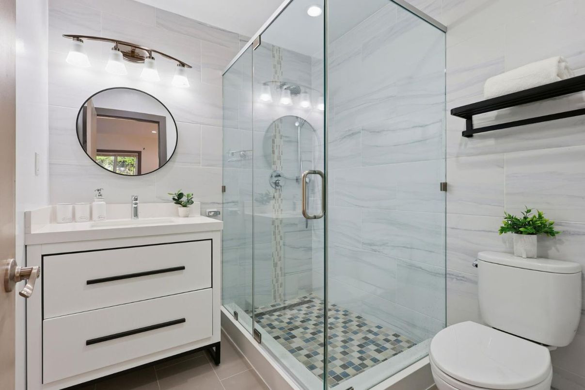 Bathroom, Glass Shower, Interior, Marble Walls, Recessed Lighting