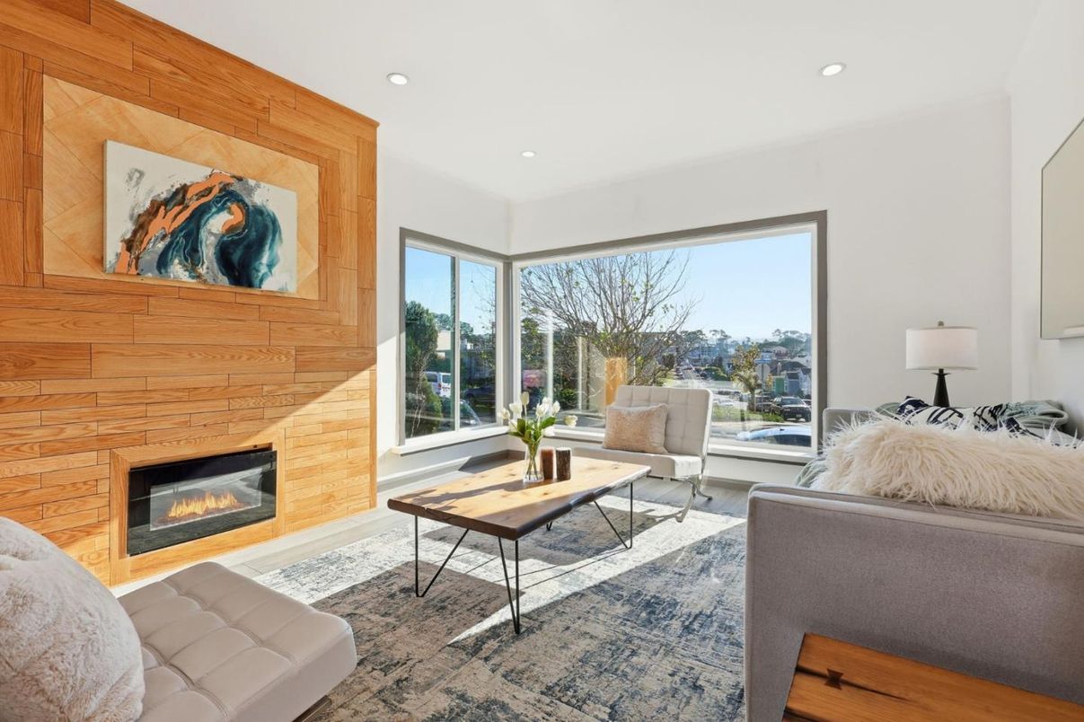 Fireplace, Interior, Living room, Recessed Lighting, Wood Texture Flooring, Wooden Walls