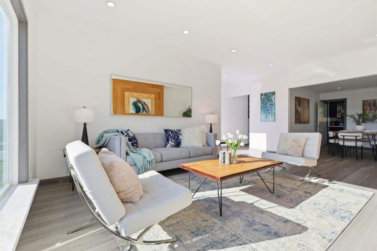 Dining room, Interior, Living room, Recessed Lighting, Wood Texture Flooring