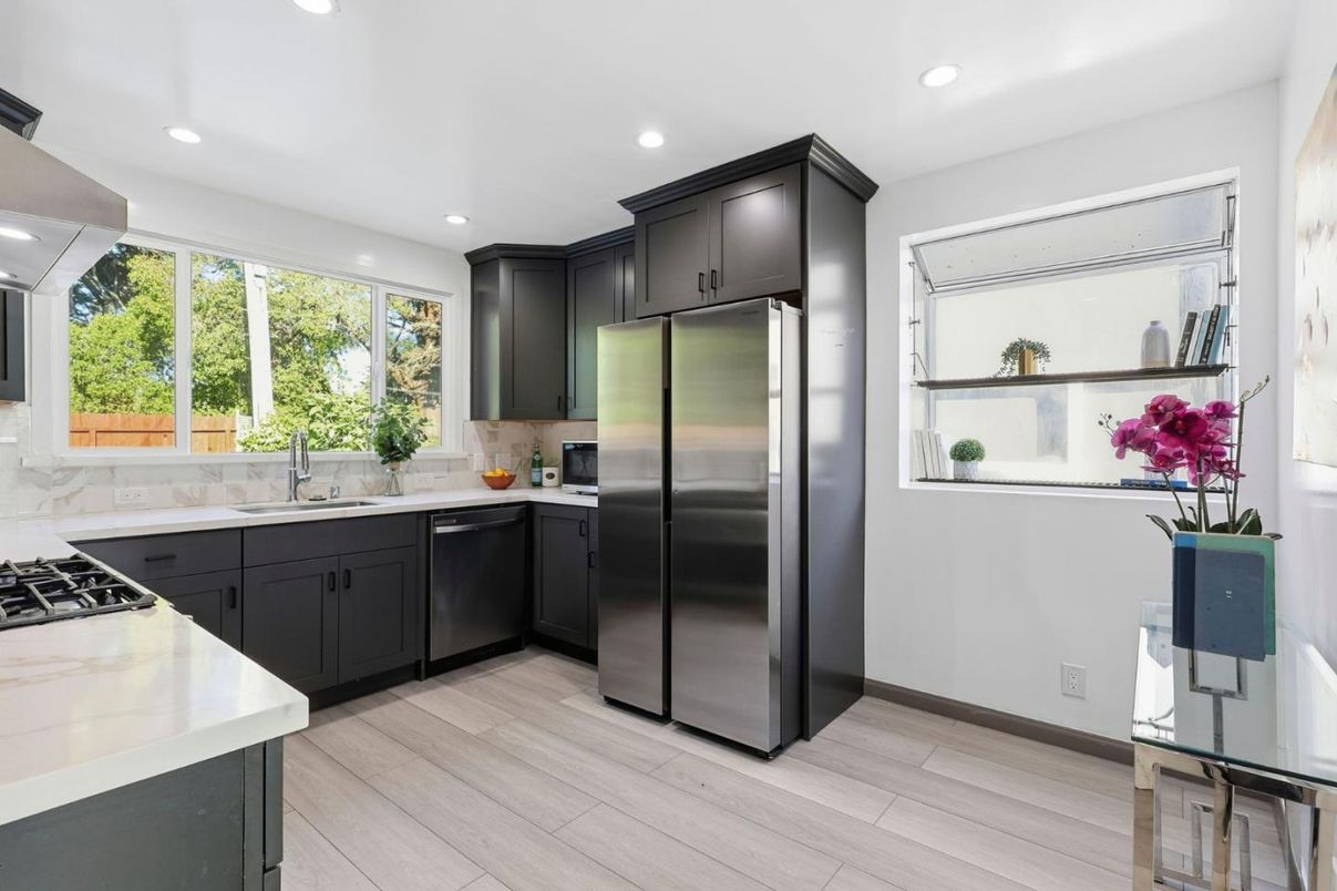 Interior, Kitchen, Recessed Lighting, Stainless Steel Appliances, Wood Texture Flooring