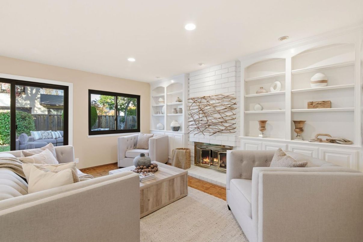 Fireplace, Interior, Living room, Recessed Lighting, Stone Walls, Wood Texture Flooring