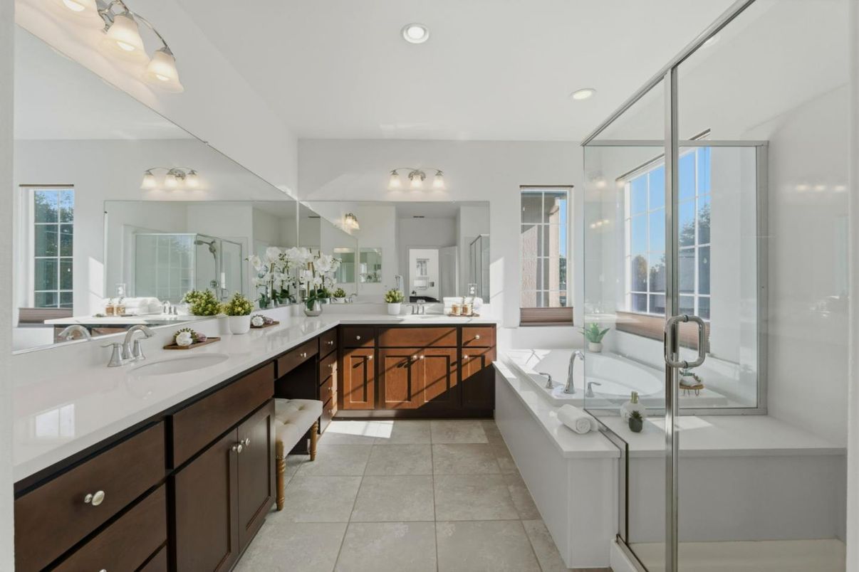 Bathroom, Dual Sink Vanities, Glass Shower, Interior, Recessed Lighting