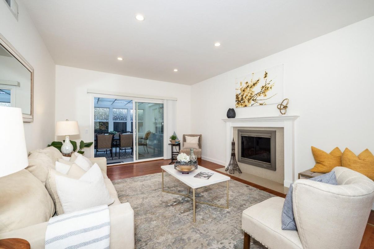 Fireplace, Interior, Living room, Recessed Lighting, Wood Texture Flooring