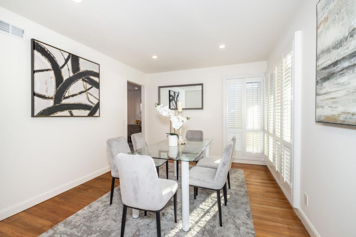 Dining room, Interior, Recessed Lighting, Wood Texture Flooring