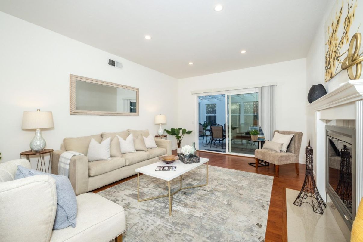 Fireplace, Interior, Living room, Recessed Lighting, Wood Texture Flooring