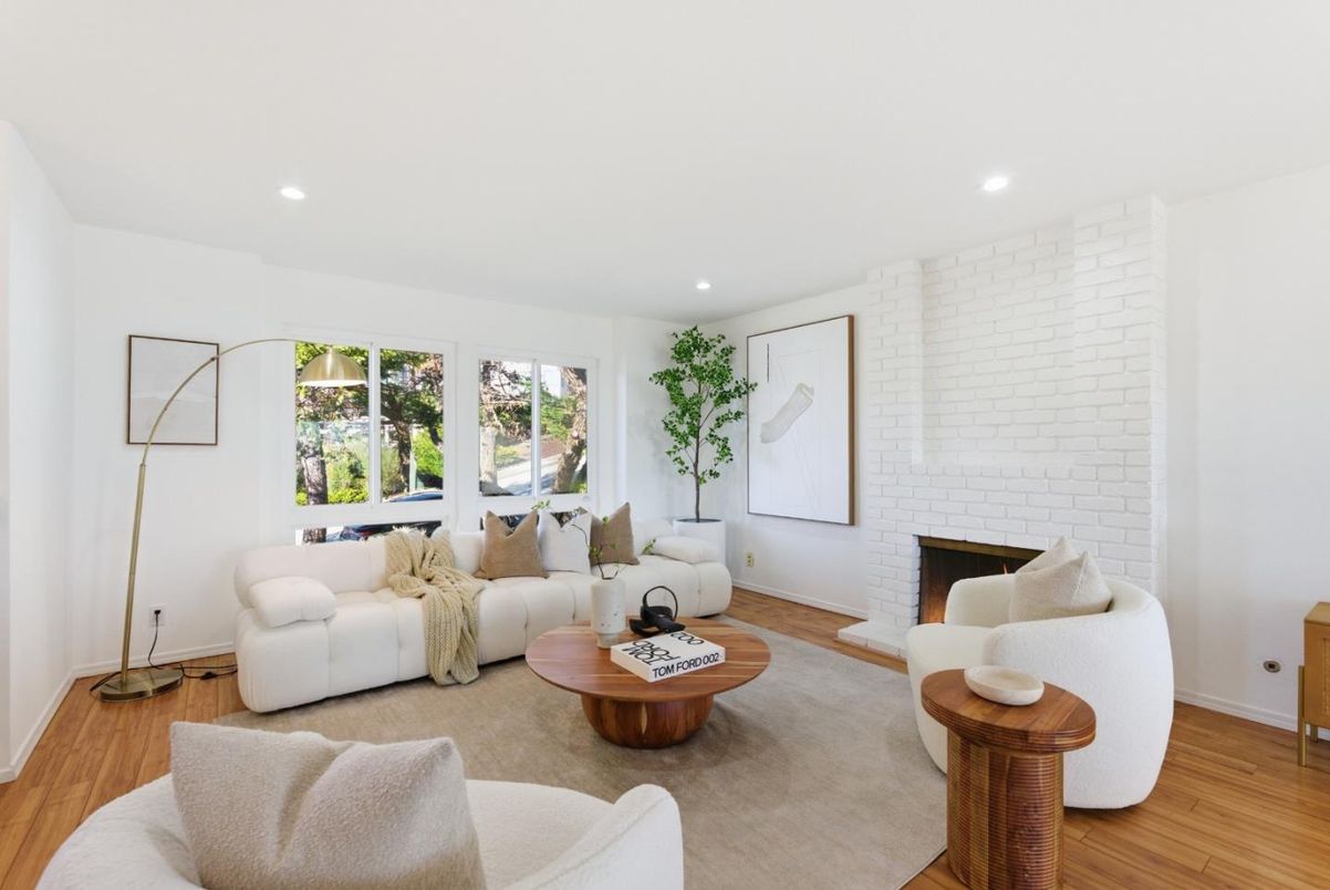 Fireplace, Interior, Living room, Recessed Lighting, Stone Walls, Wood Texture Flooring