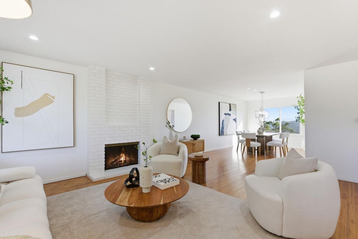 Dining room, Fireplace, Interior, Living room, Pendant Lights, Recessed Lighting, Stone Walls, Wood Texture Flooring