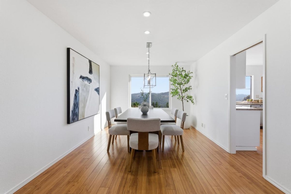 Dining room, Interior, Pendant Lights, Recessed Lighting, Wood Texture Flooring