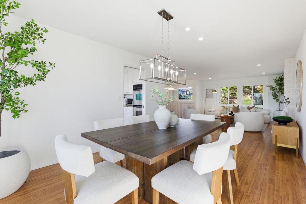 Dining room, Interior, Kitchen, Living room, Pendant Lights, Recessed Lighting, Stainless Steel Appliances, Wood Texture Flooring