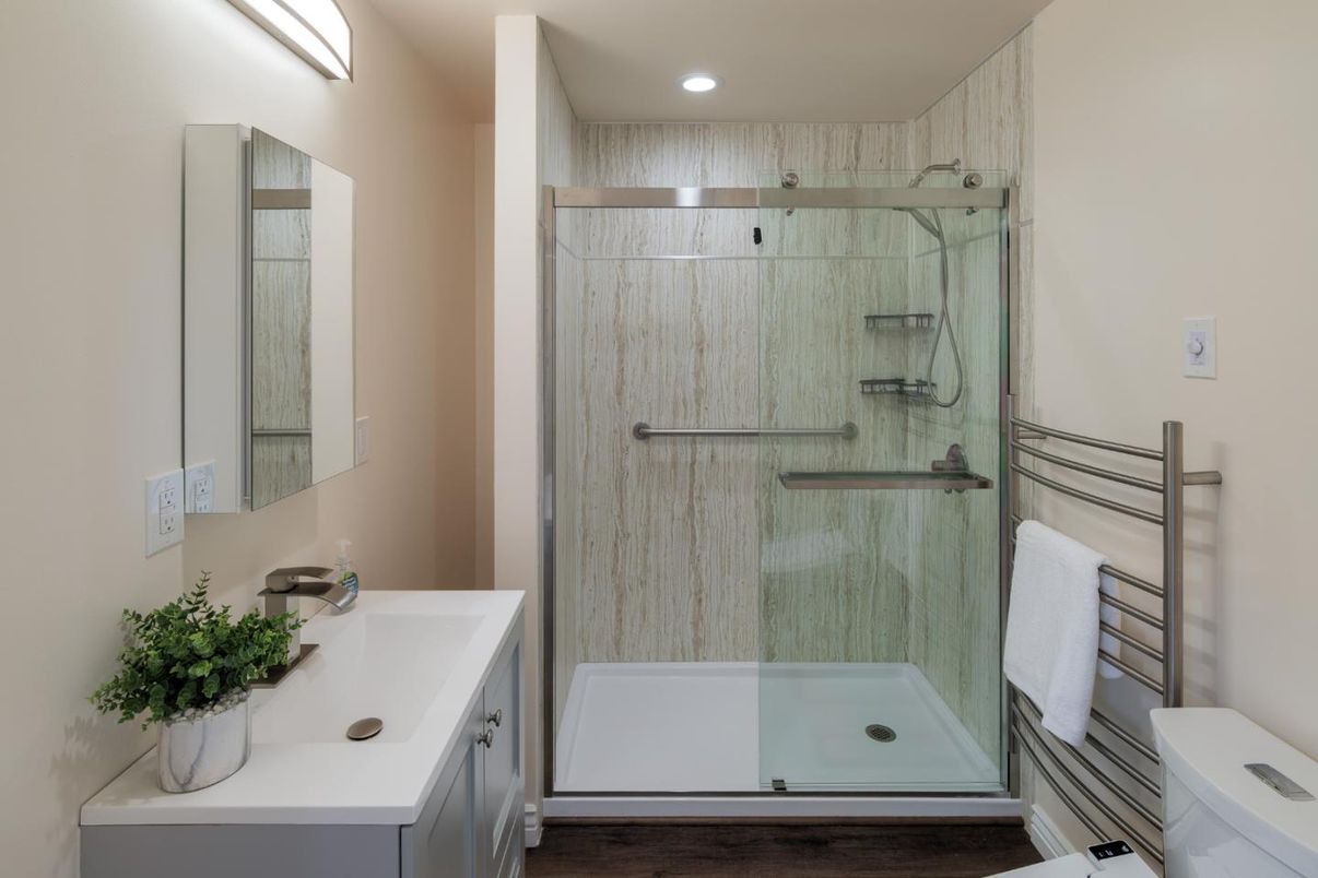Bathroom, Glass Shower, Interior, Recessed Lighting, Wood Texture Flooring