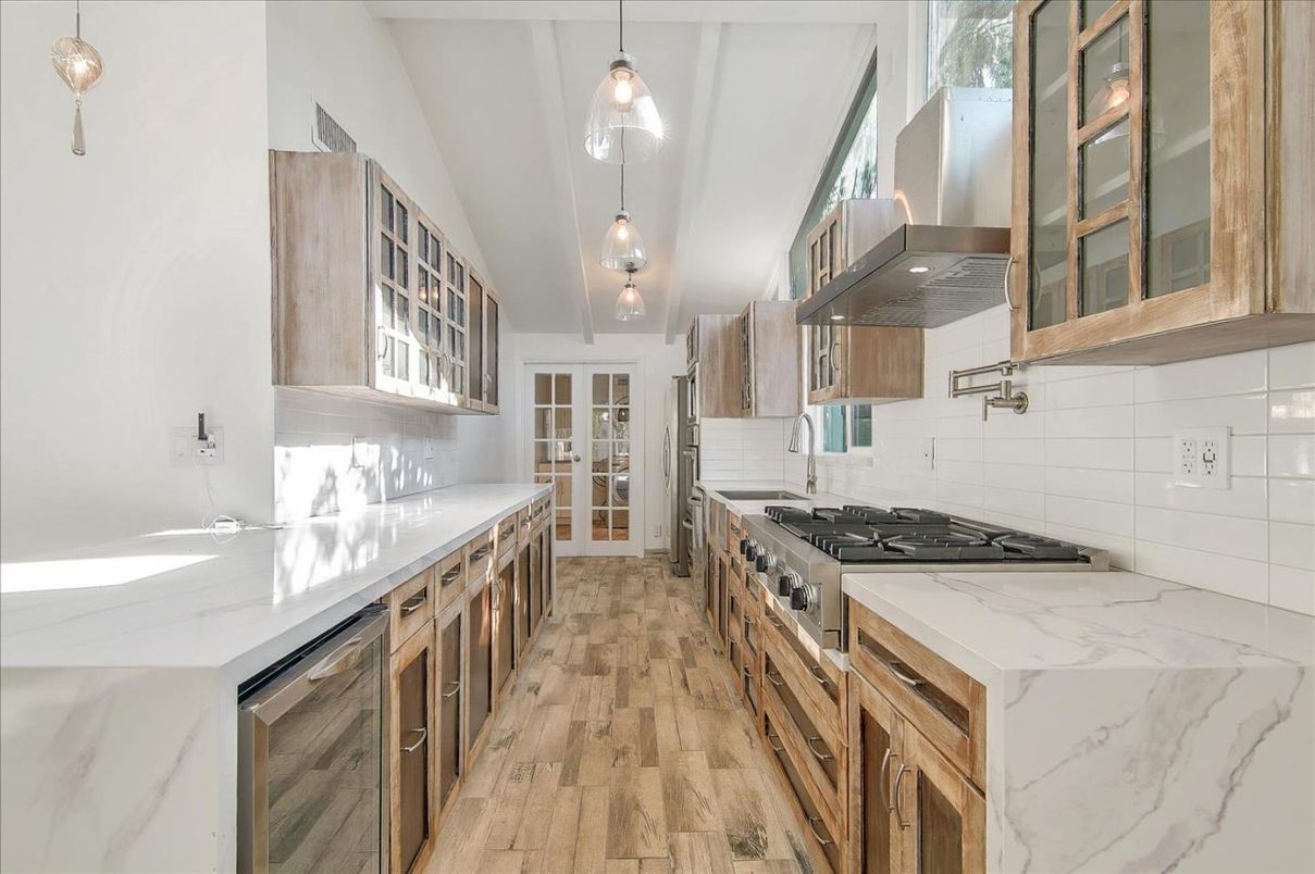 Interior, Kitchen, Pendant Lights, Stainless Steel Appliances, Wood Texture Flooring
