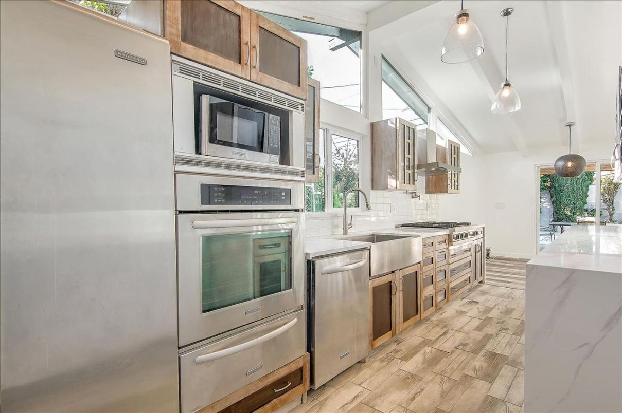 Interior, Kitchen, Pendant Lights, Stainless Steel Appliances, Wood Texture Flooring