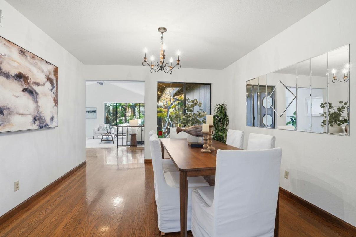 Chandelier, Dining room, Interior, Wood Texture Flooring