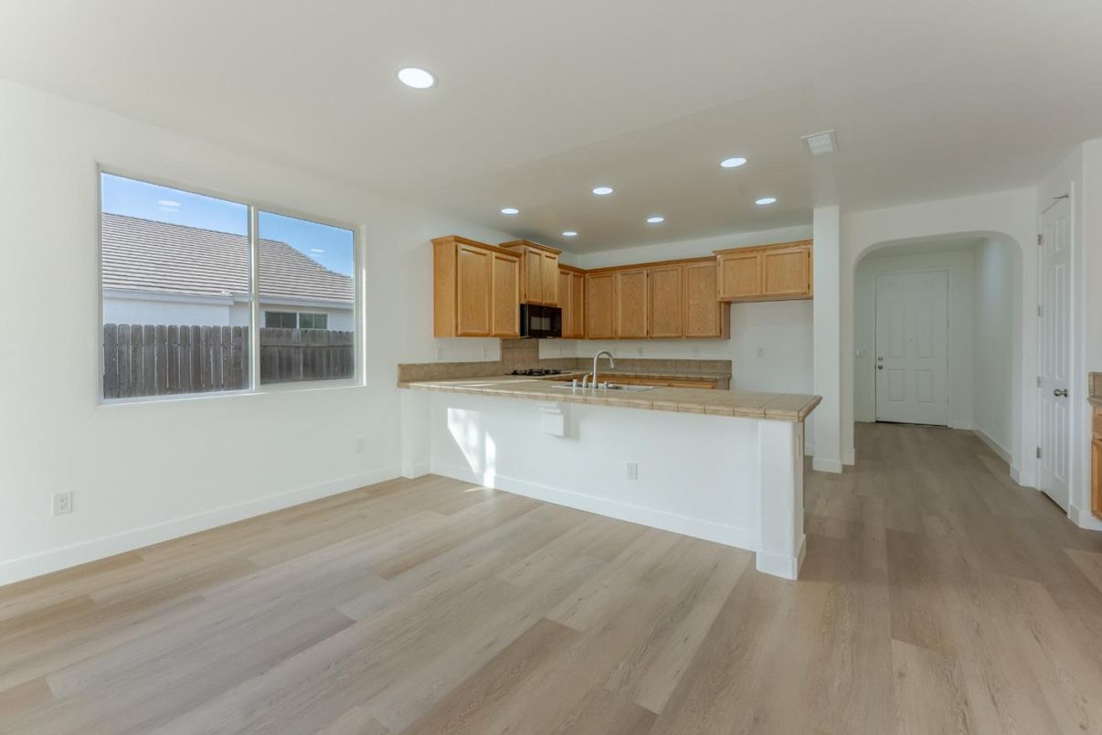 Empty room, Interior, Kitchen, Recessed Lighting, Wood Texture Flooring