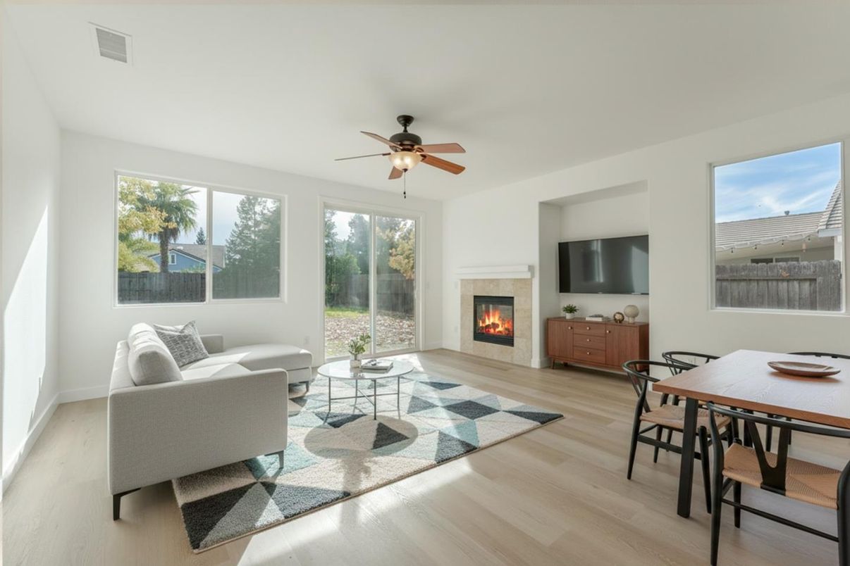 Dining room, Fireplace, Interior, Living room, Wood Texture Flooring