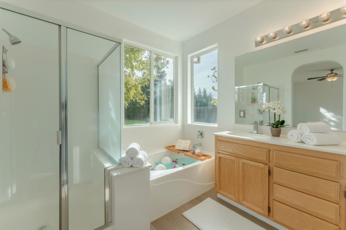 Bathroom, Glass Shower, Interior, Wood Texture Flooring