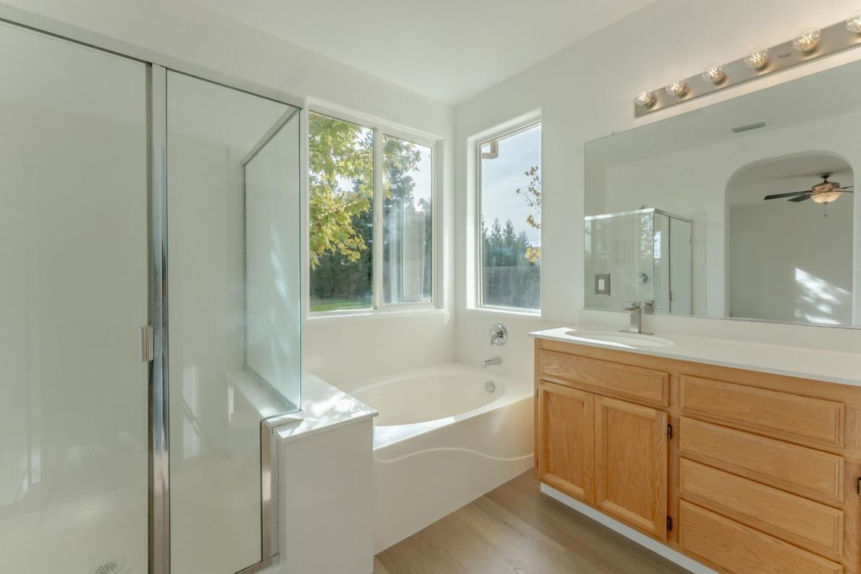 Bathroom, Glass Shower, Interior, Wood Texture Flooring