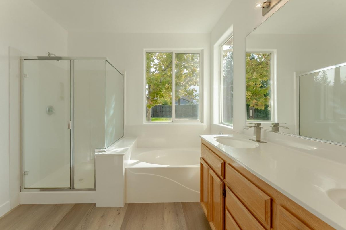 Bathroom, Glass Shower, Interior, Wood Texture Flooring