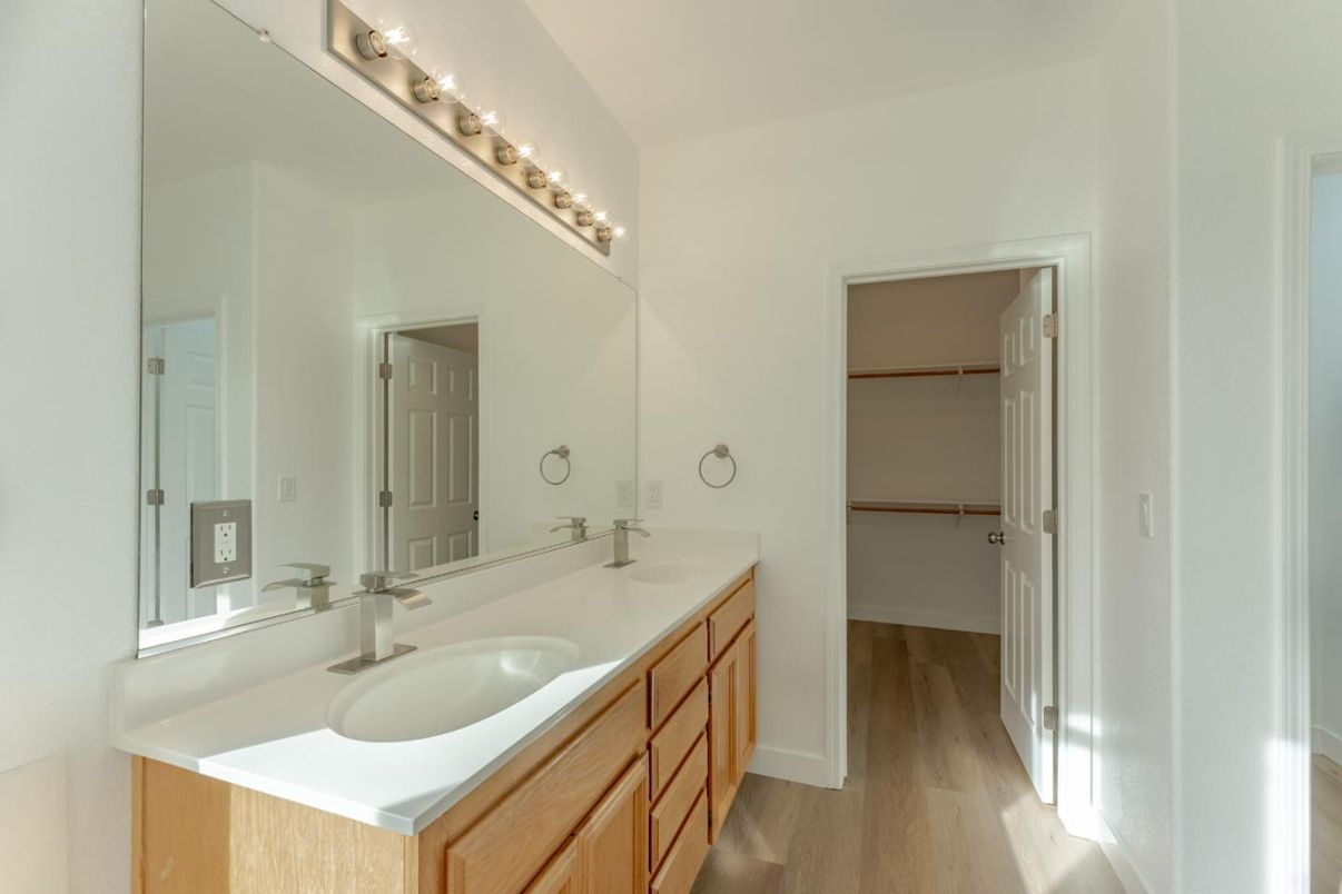 Bathroom, Dual Sink Vanities, Interior, Walk-in Closets, Wood Texture Flooring